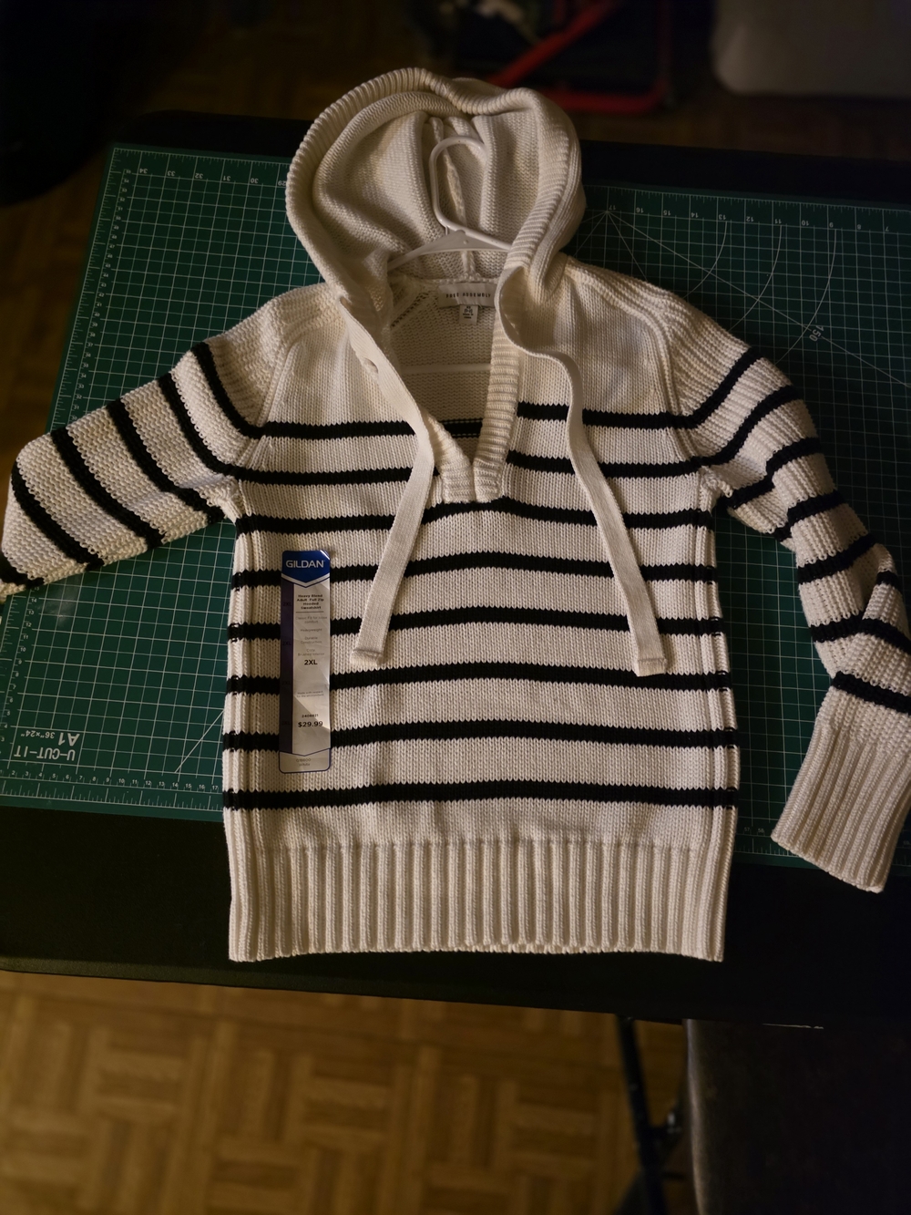 Cream Colored Black Striped V-neck Hooded Sweater